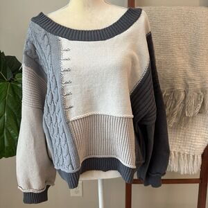 Cozy Life Womens Large Sweater Colorblock Gray Balloon‎ Sleeves Tie Back